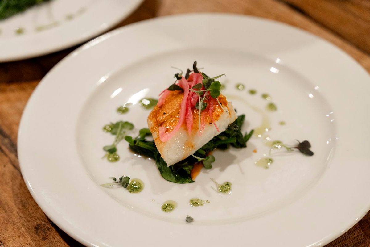 Plated seared fish with herbs and pickled shallot