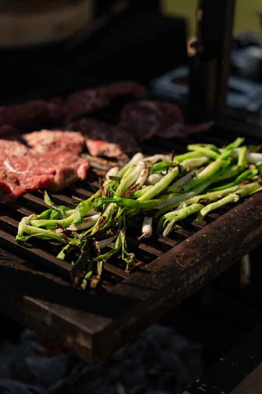 Steak and scallions over the grill